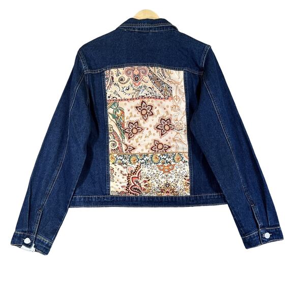 Brit.NY Denim Jean Jacket Large Blue Embellished Satin Mixed Media Floral NEW - Picture 1 of 14